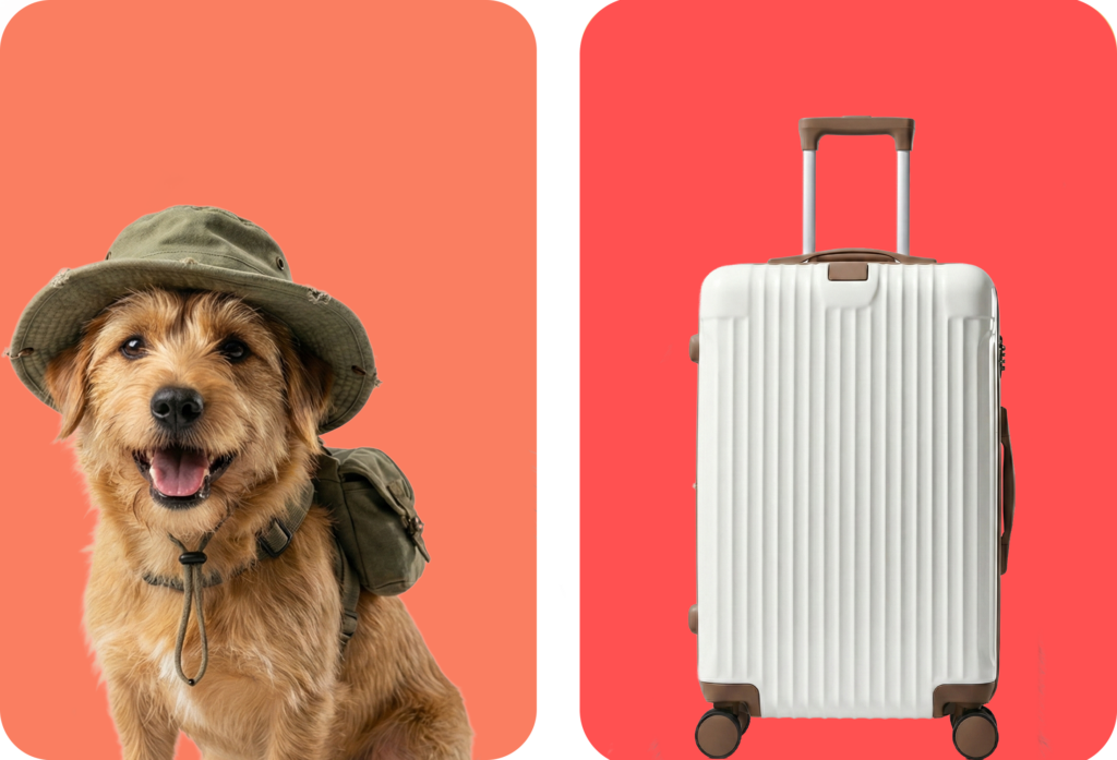 A dog wearing a camping hat and little backpack with a suitcase next to him, getting ready for pet travel!